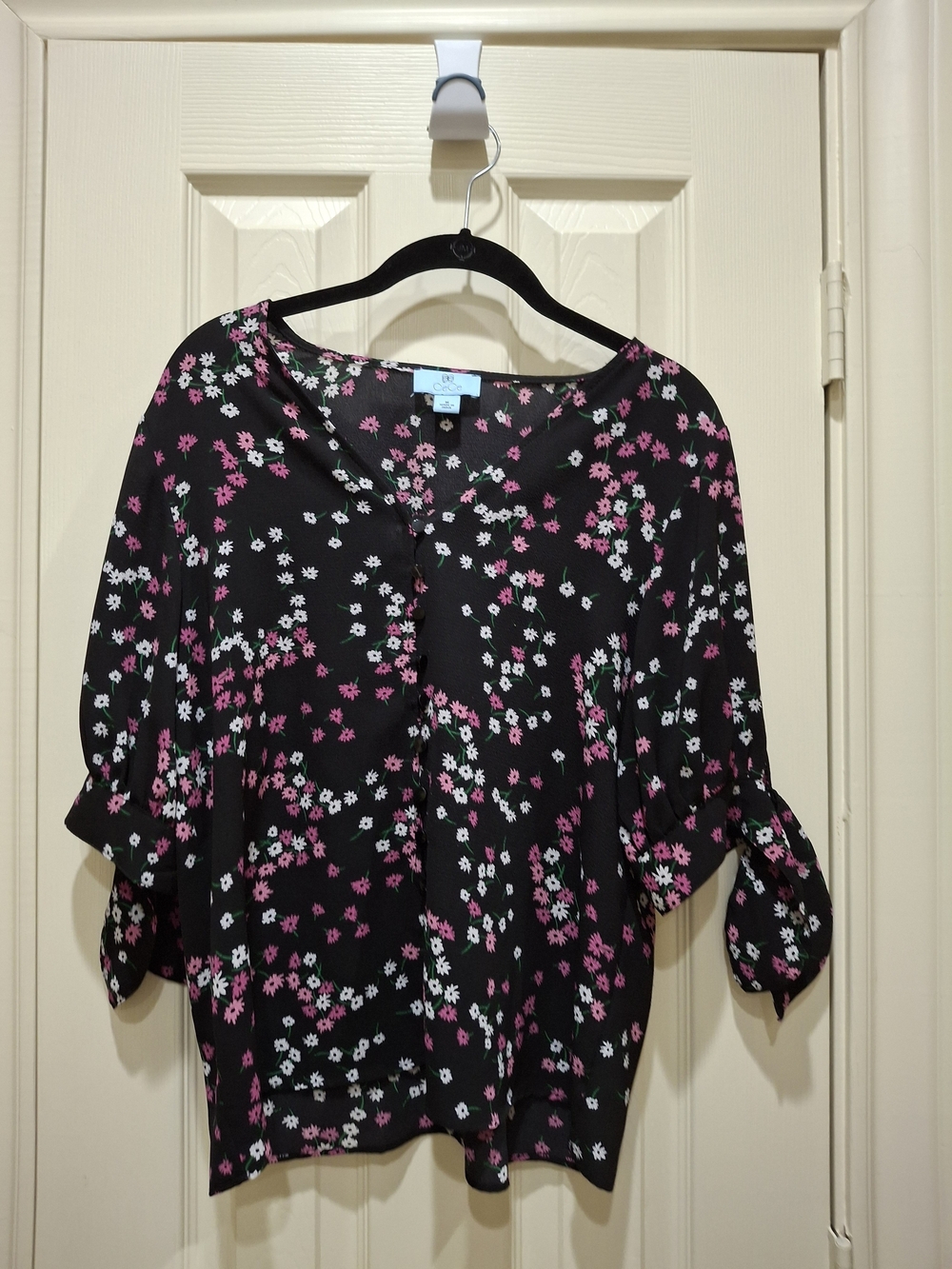 CeCe Black Blouse with Pink & White Floral Tie Sleeves
